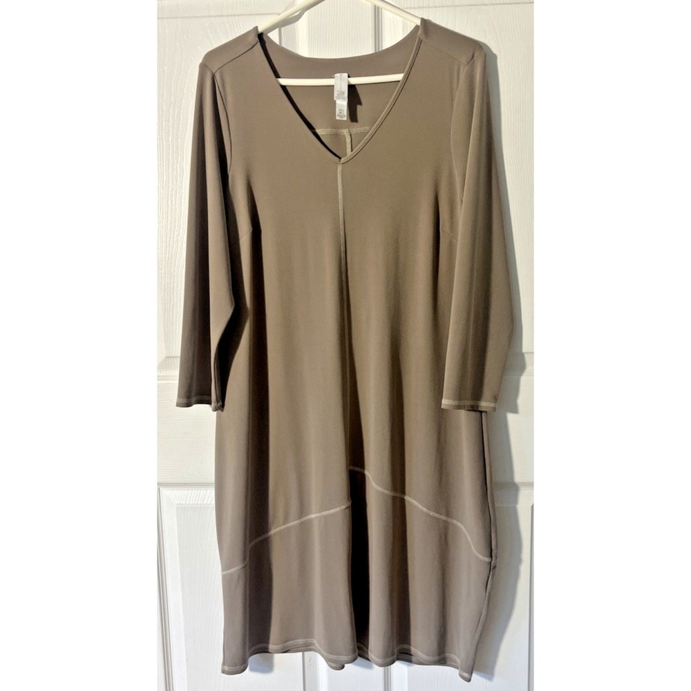 Marla Wynne Midi Lantern Hem Dress Womens L Beige Long Sleeve Stretchy NEW
